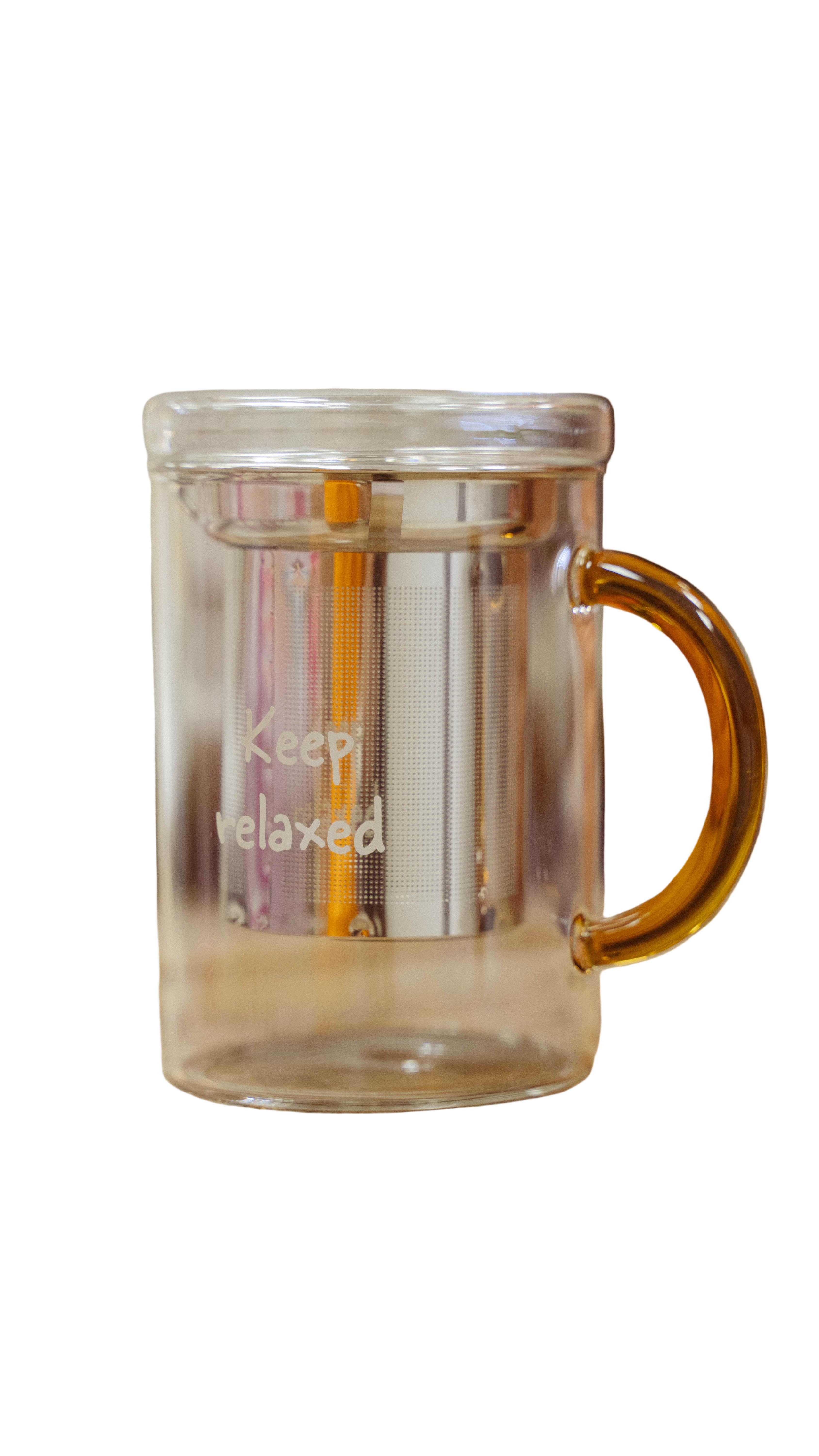 Tisaniera in vetro borosilicato con filtro in acciaio inox, manico colorato e scritta decorativa Keep relaxed Arancione