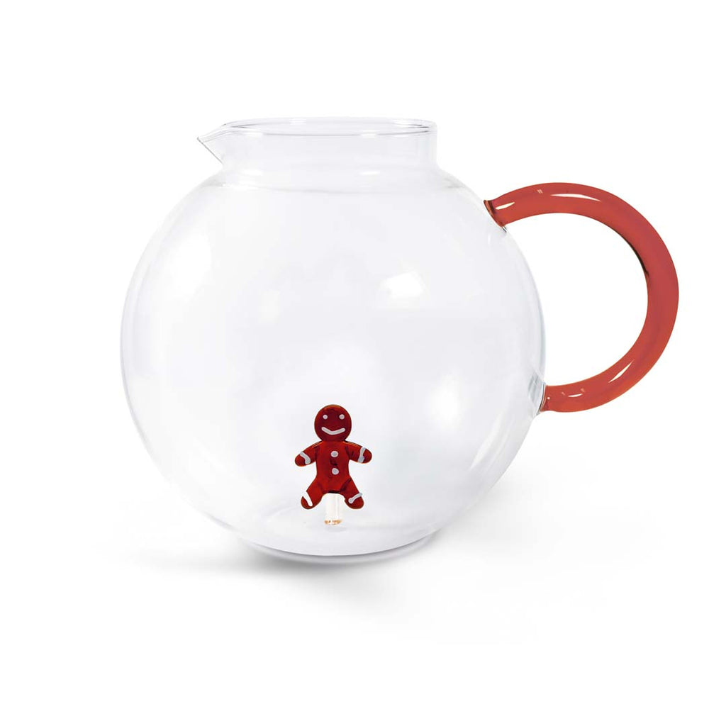 Brocca tonda in vetro borosilicato fantasia pan di zenzero. il manico e il pan di zenzero sono di colore arancione