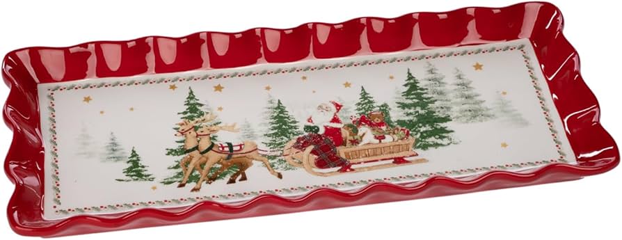 Vassoio natalizio Babbo natale su slitta con renna in ceramica rosso/bianco