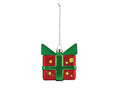 decorazione per albero di natale a forma di pacco regalo rosso con fiocco blu. produttore alessi