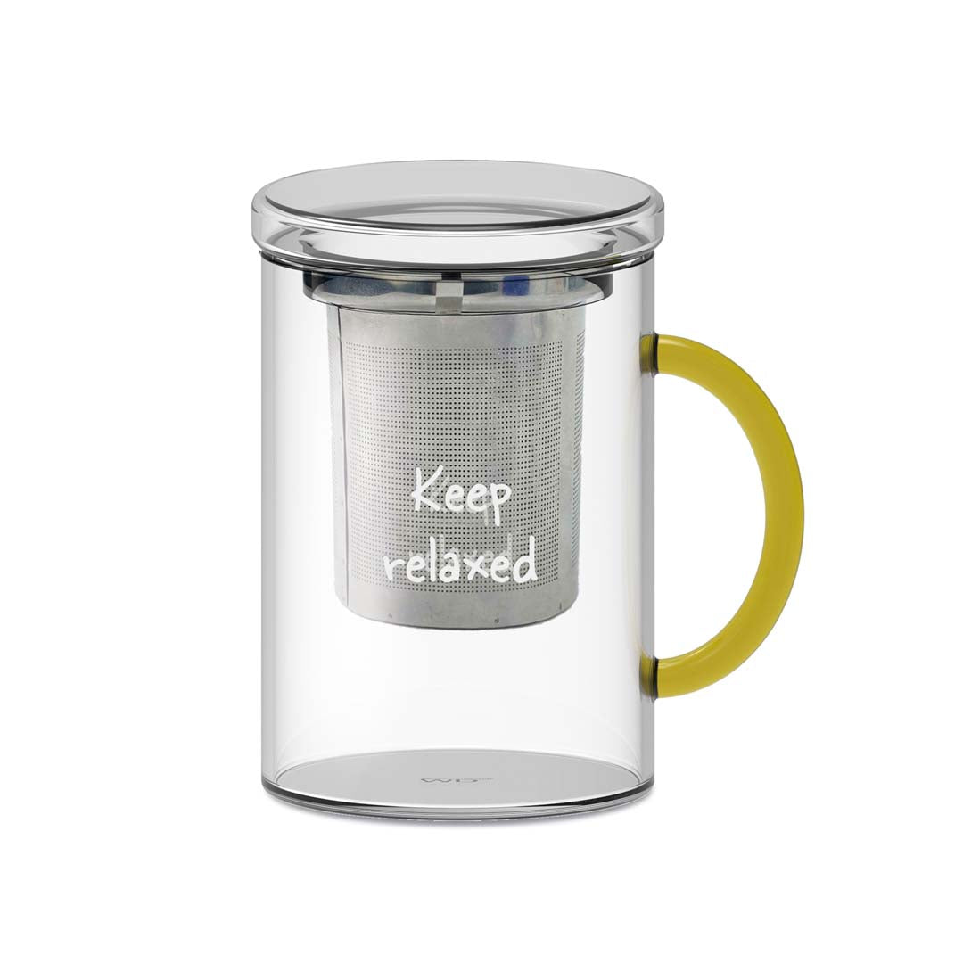 Tisaniera in vetro borosilicato con filtro in acciaio inox, manico colorato e scritta decorativa Keep relaxed Arancione