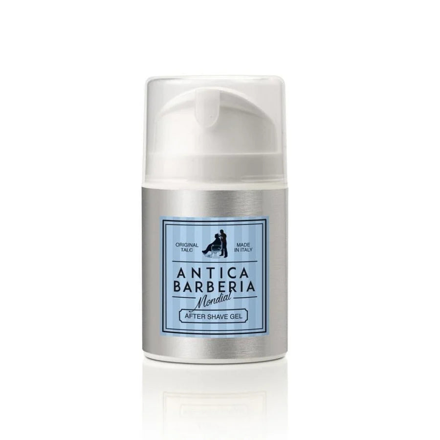 Gel after-shave Mondial - Original Talc 50ml. Confezione argento e blu con pratico erogatore salvagoccia