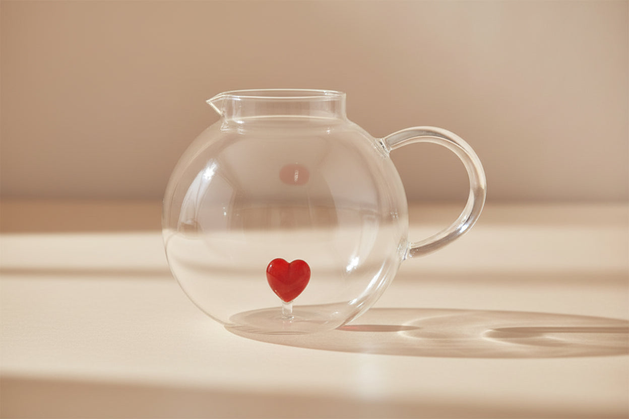 Brocca in vetro borosilicato con soggetto in vetro colorato all'interno figura Cuore rosso | WD Lifestyle