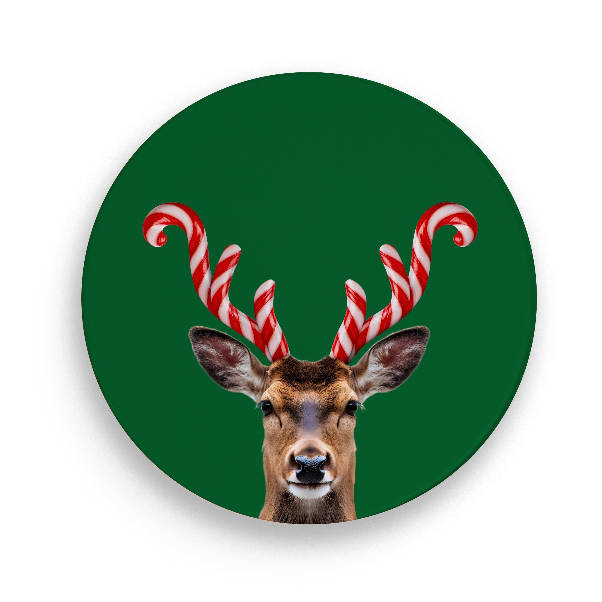 Piatto panettone in porcellana color verde con fantasia cervo con le corna bianche  e rosse ad evocare le stecche natalizie di zucchero