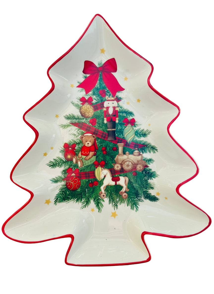 Vassoio in ceramica da portata a forma di abete con fantasia natalizia