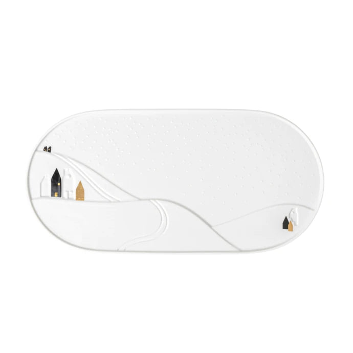 vassoio natalizio bianco con decori di case bianche oro e nere